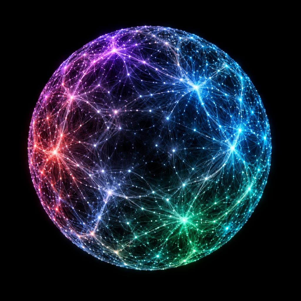 CIRA Conscious Intelligence orb, a luminous sphere of interconnected cyan, violet, coral, and green signals