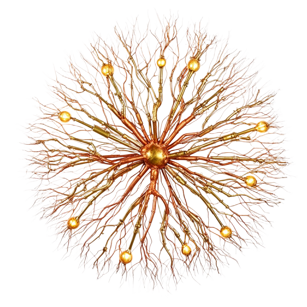 Conscious filament network. Branching brass and copper neural form